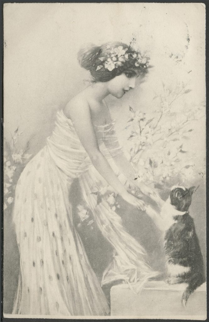 Reprodukcja rysunku, kobieta i kot