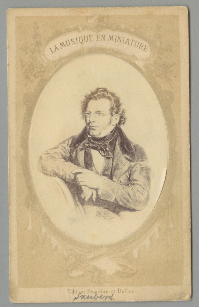 Schubert portret i nuty p. Ave Maria, reprod. fot. grafiki, nut i tekstu; z serii  La musique en miniature.