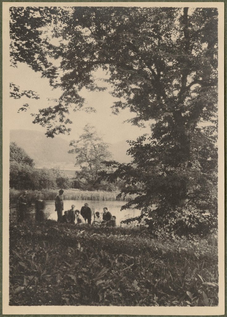 Niegoszowice, staw w parku, postacie w oddali, widok