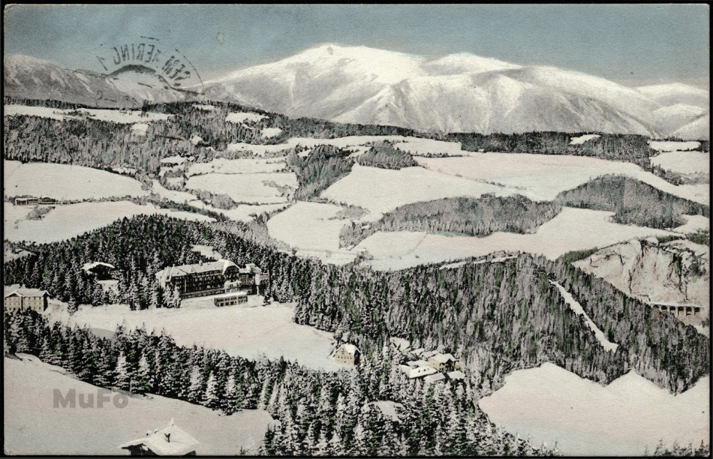 przeł. Semmering Alpy Austr., szczyt Schneeberg widok zimowy