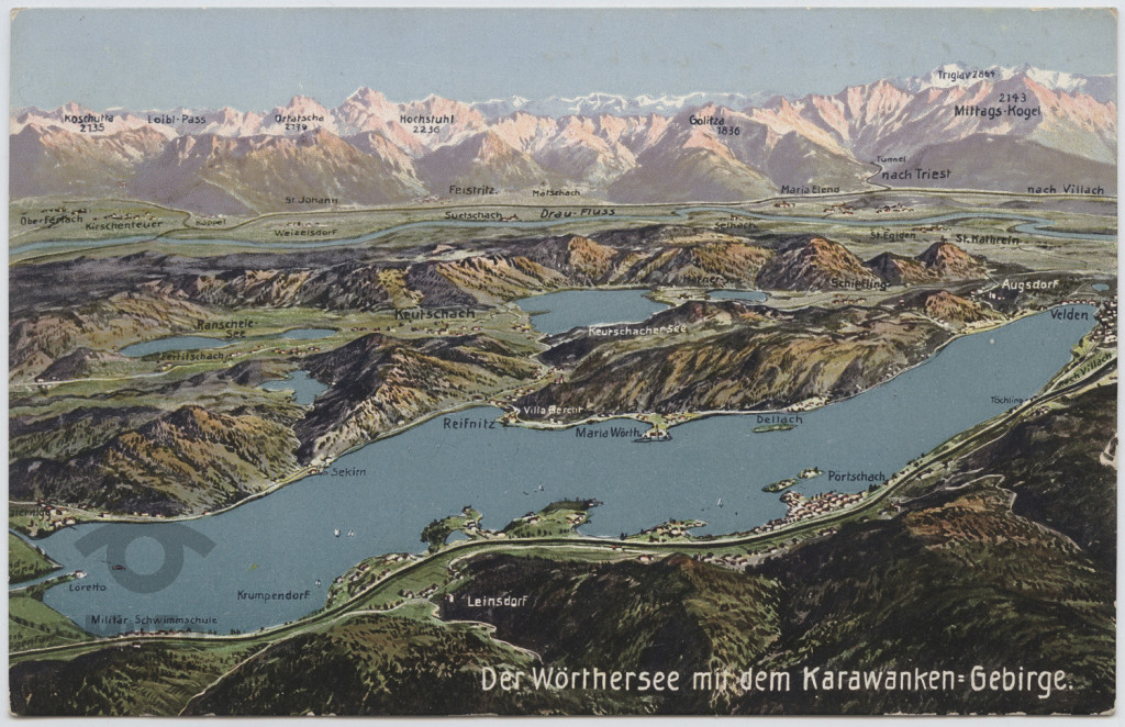 Austria, panorama Alp (okolice Wörthersee) z opisem