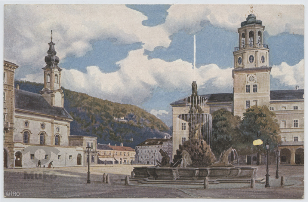 Salzburg, Residenzplatz, fontanna Hofbrunnen, wieża zegarowa.