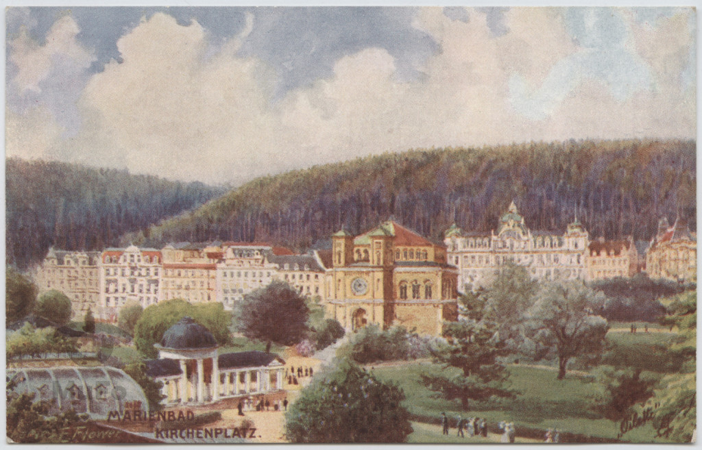 Marienbad, widok na kościół i budynek źródła Ferdinandsbrunnen