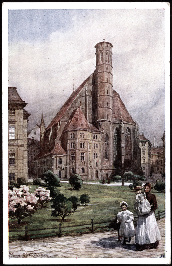 reprod. mal. Hans Götzinger Wien Minoritenkirche widok miasta ze sztafażem