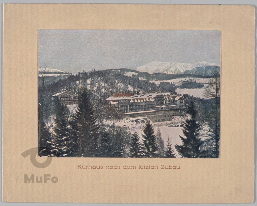 Semmering, Sanatorium u stóp gór po rozbudowie, widok, karta pocztowa składana, reklamowa
