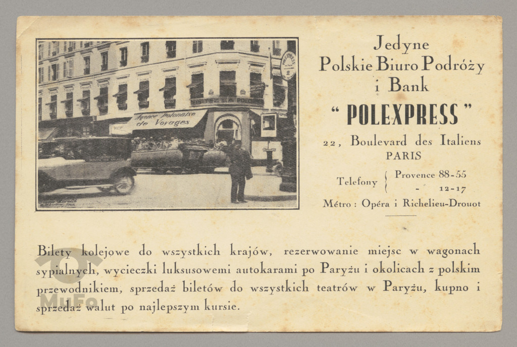 Paryż, pol.biuro podróży i bank "Polexpress", Boulevard des Italiens 22, widok fragm. miasta i nadruki, druk reklamowy