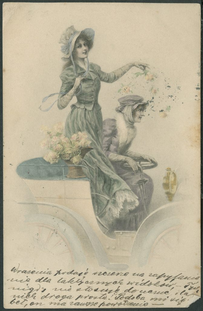 Reprodukcja rysunku, kobiety w aucie