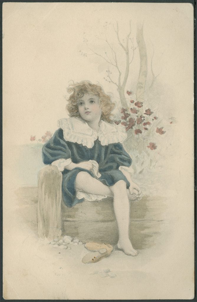 Reprodukcja rysunku, dziewczynka w niebieskiej sukience