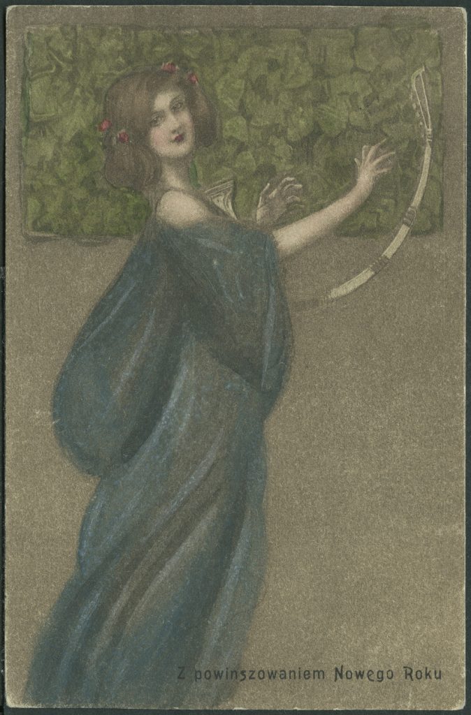 Reprodukcja rysunku, kobieta z harfą