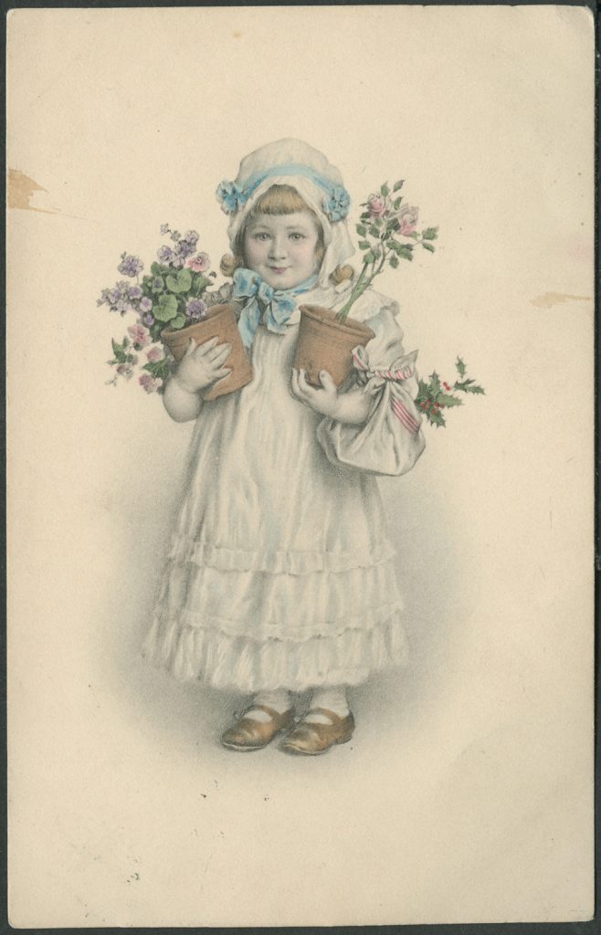 Reprodukcja rysunku, dziewczynka z kwiatami