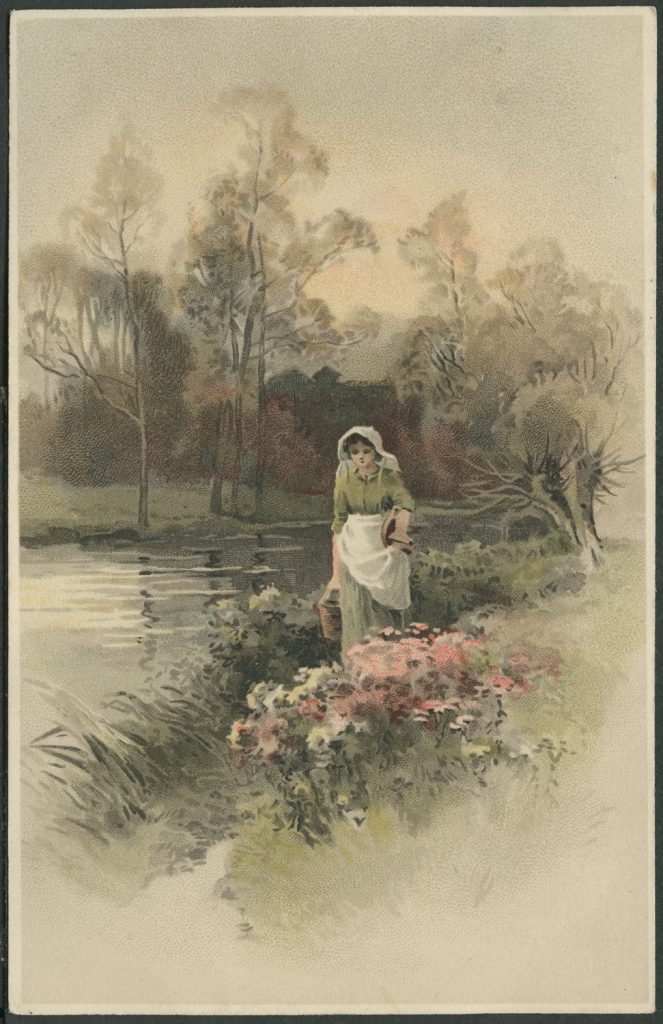 Reprodukcja rysunku, dziewczyna idąca brzegiem rzeki