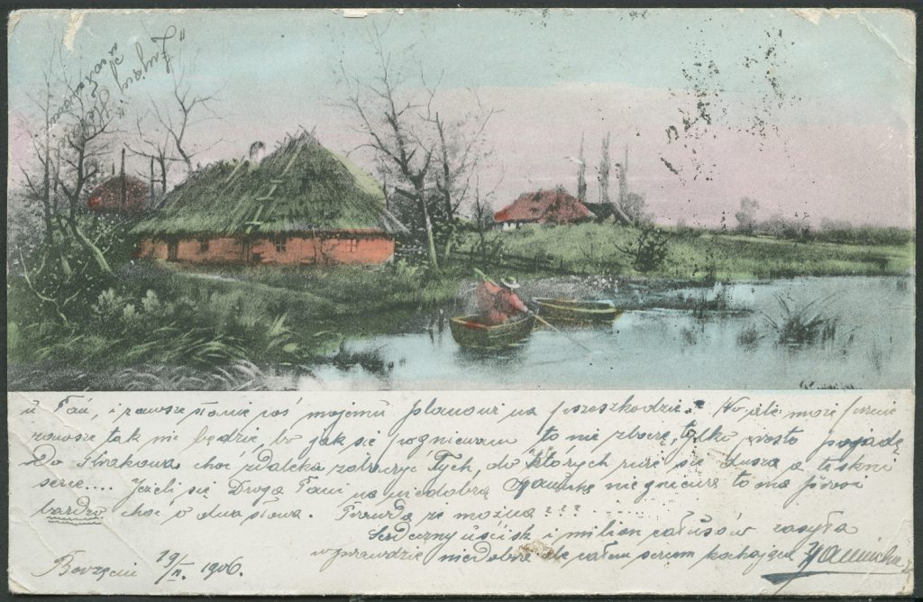 Reprodukcja malarstwa, pejzaż,  chaty nad jeziorem