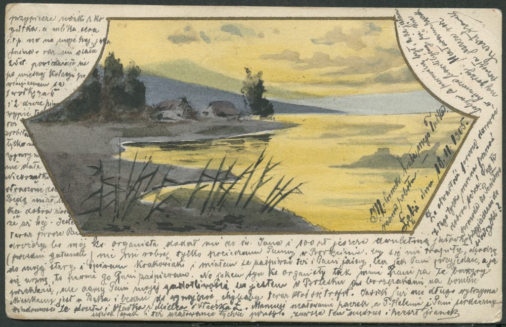 Reprodukcja rysunku, chaty nad wodą