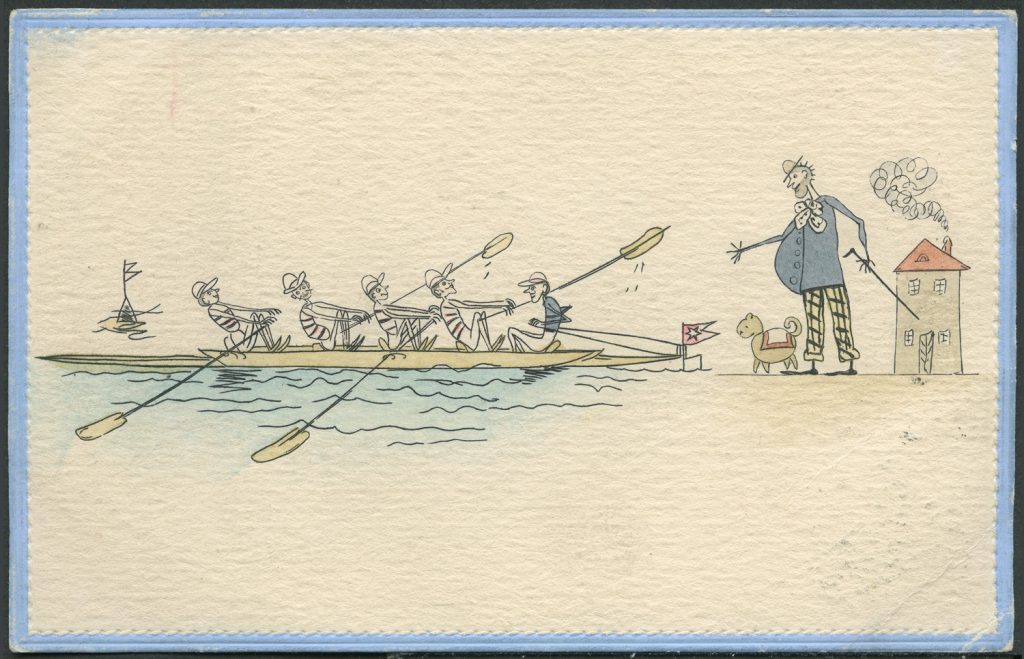 Reprodukcja rysunku satyrycznego, wioślarze