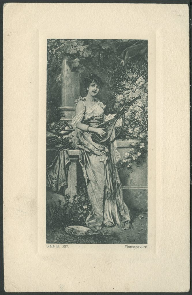 Reprodukcja malarstwa, kobieta z instrumentem