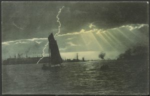 Reprodukcja malarstwa, port w czasie burzy