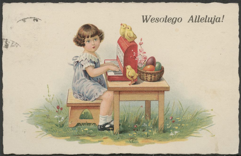 Reprodukcja ilustracji, dziewczynka z pisankami