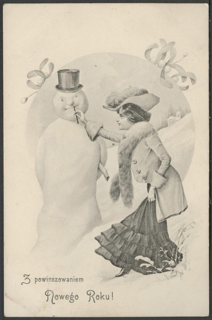 Reprodukcja rysunku, kobieta i bałwan