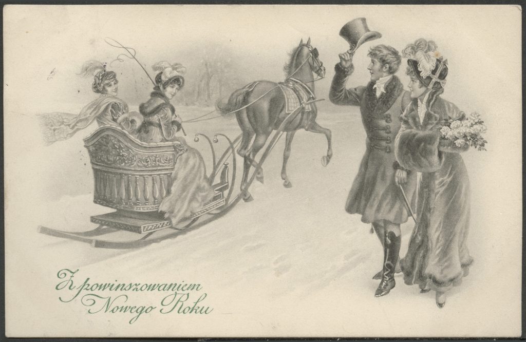 Reprodukcja rysunku, witający się przechodnie