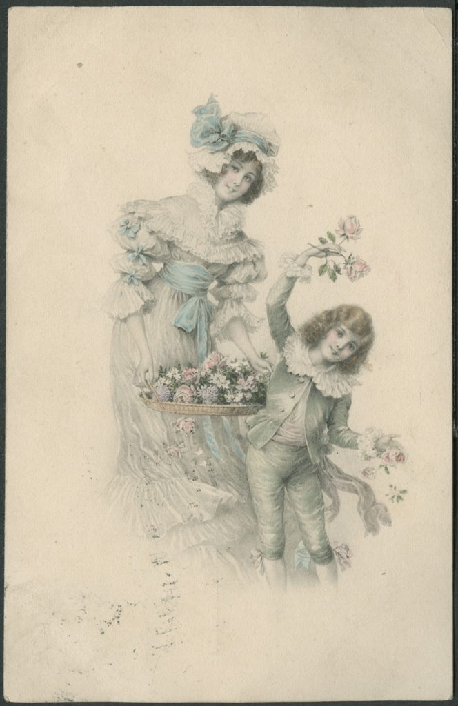 Reprodukcja rysunku, kobieta i chłopiec z kwiatami