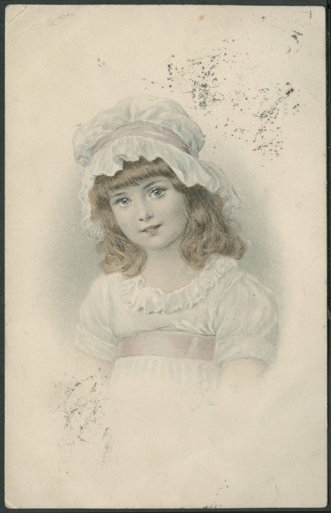 Reprodukcja rysunku, dziewczynka w czepku