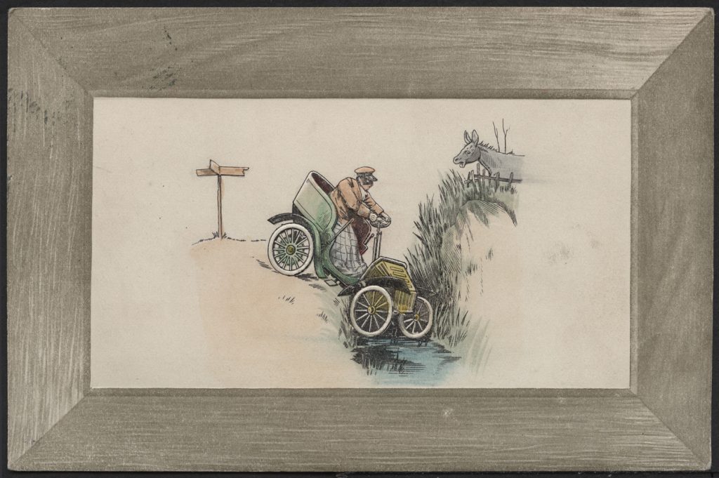 Reprodukcja rysunku, scena humorystyczna z samochodem