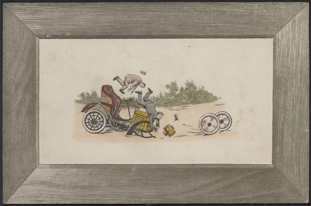Reprodukcja rysunku, scena humorystyczna z samochodem