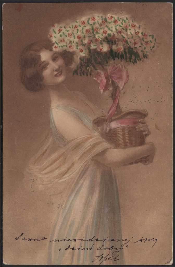 Reprodukcja rysunku, kobieta niosąca doniczkę z kwiatami