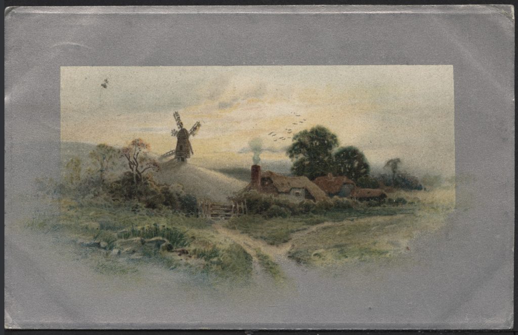 Reprodukcja rysunku, pejzaż wiejski z wiatrakiem