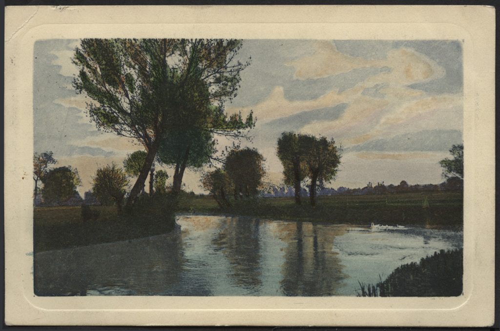 Reprodukcja rysunku, pejzaż z rzeką