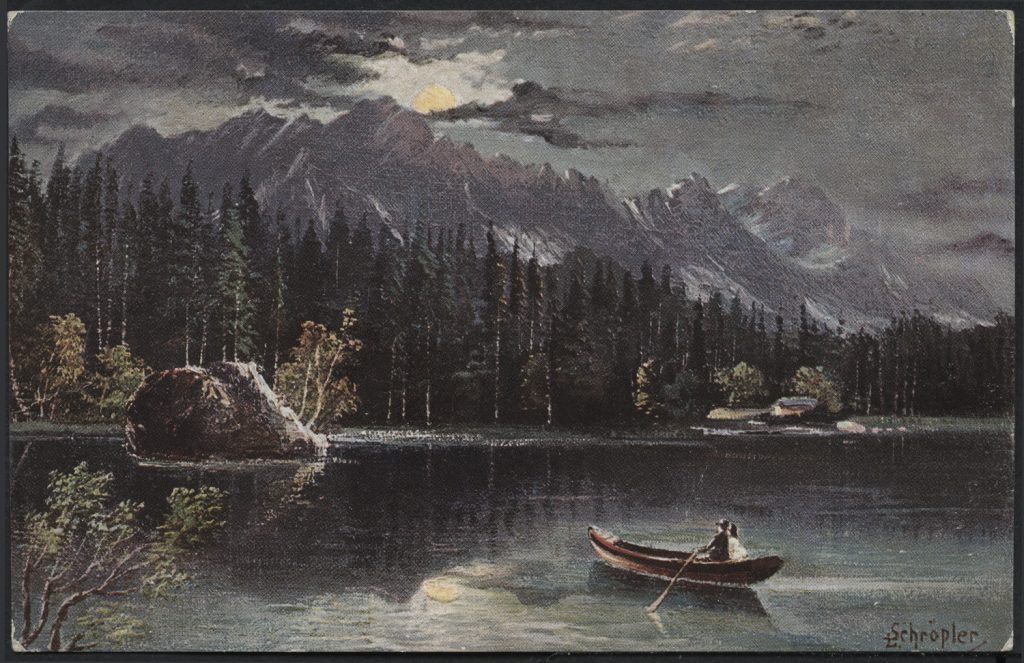 Reprodukcja malarstwa, L. Schröpler, jezioro w górach