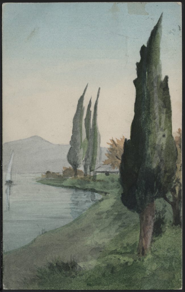 Cyprysy nad zatoką, pejzaż