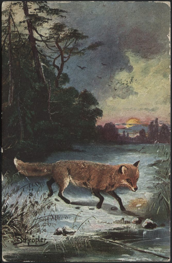 Reprodukcja malarstwa, L. Schröpler, widok zimowy z lisem