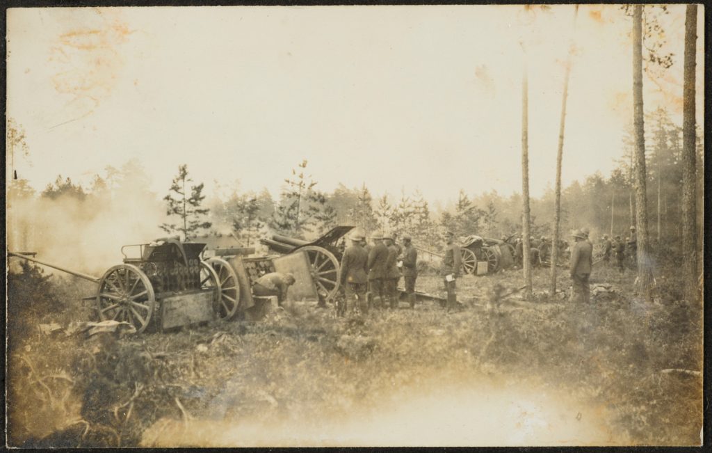 Stanowisko haubic w lesie.