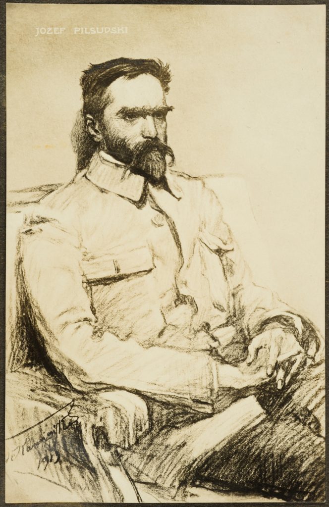 Kartka pocztowa, komendant Józef Piłsudski,  repro. rysunku