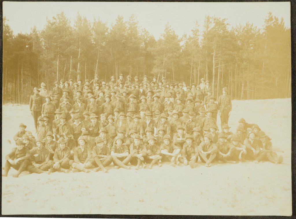 Duża grupa skautów, portret zbrojowy