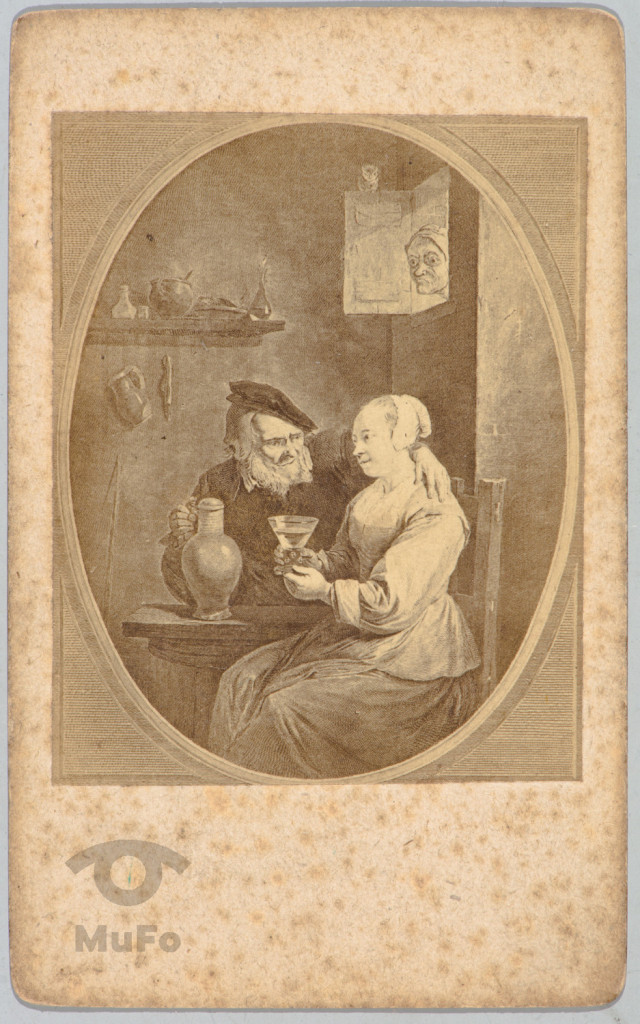 reprodukcja mal. wg  grafiki: Dawid Teniers Mł. sc. rodzajowa w owalu "Kobieta zazdrosna"