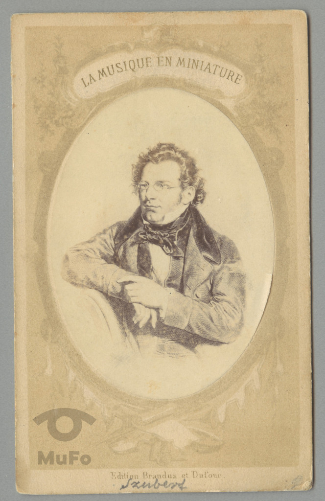 Schubert portret i nuty p. Ave Maria, reprod. fot. grafiki, nut i tekstu; z serii  La musique en miniature.