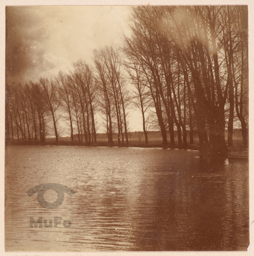 ezioro lub rzeka, w tle bezlistne drzewa.