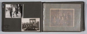 album, 82 fot. poz., prace w gospodarstwie rolnym, geodezyjne, budowa promu,  portrety pracowników, l. 30. XX w.