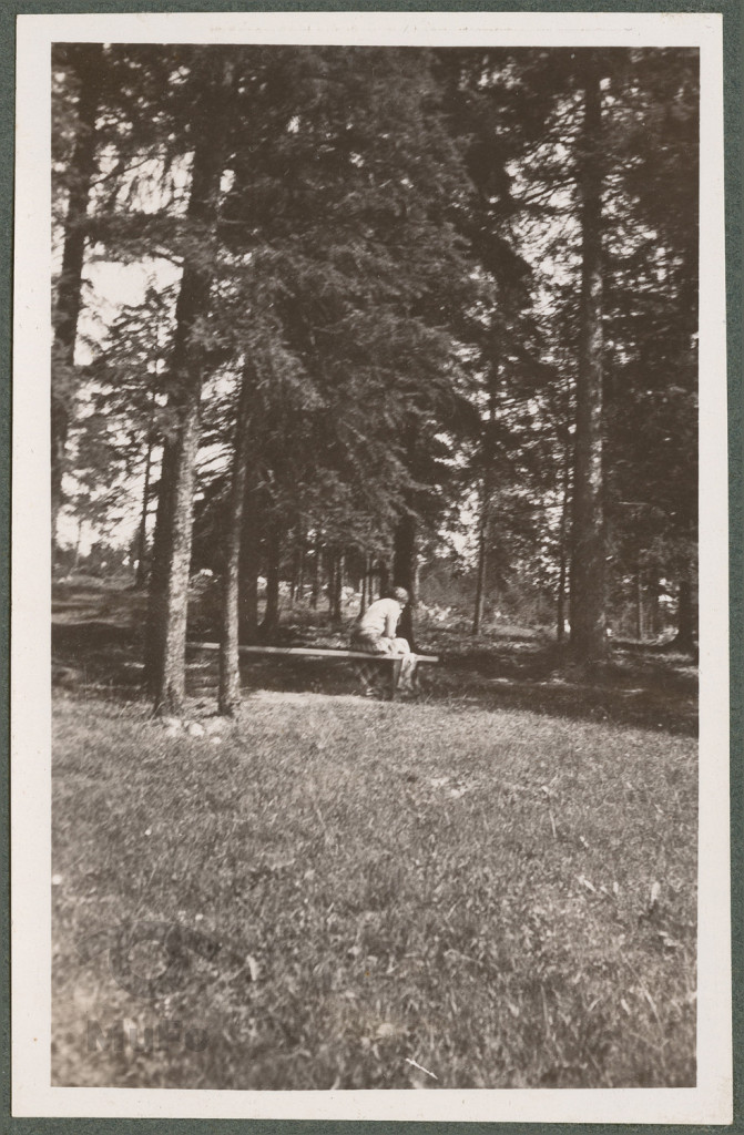 Zakopane, park na Antałówce, Wanda Korytowska siedząca na ławce, portret, w tle pejzaz górski