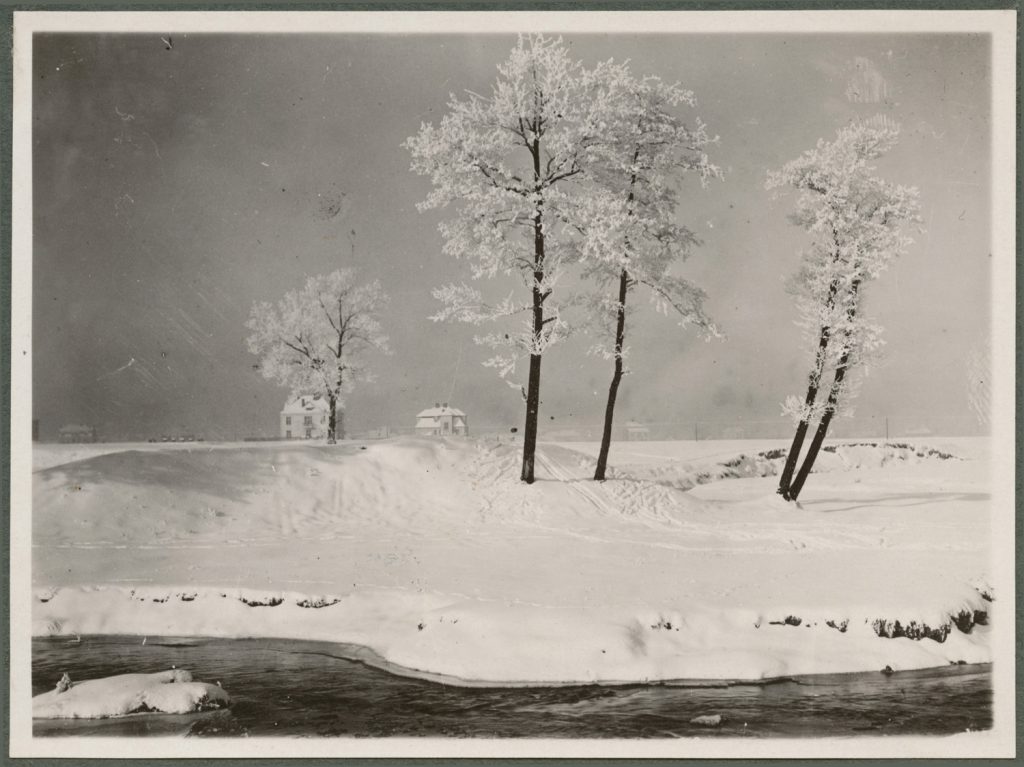 Pejzaż zimowy z rzeką, kępą drzew i 2 willami, Rudawa