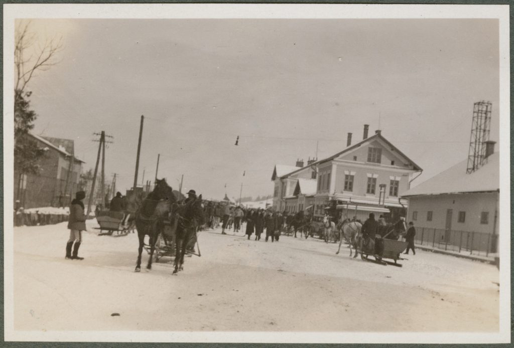 Sanie jadące ośnieżoną ulicą, Zakopane